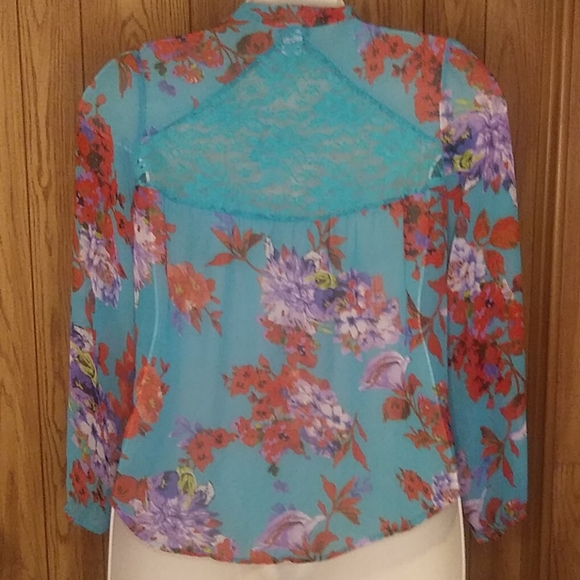 Dots Floral Blue Sheer Chiffon Shirt with Lace 1X - Picture 2 of 8